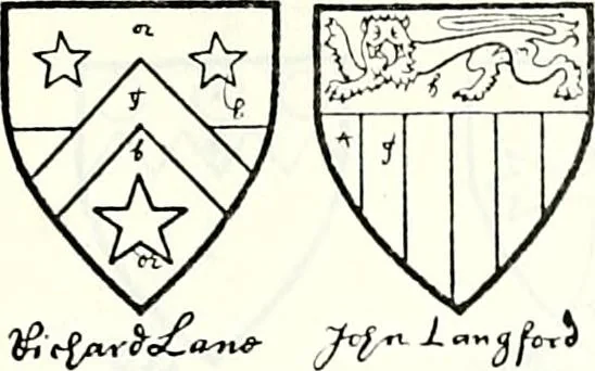 An illustration from Some feudal coats of arms and others, illustrated with 2,000 zinco etchings from the Bayear tapestry, Greek vases, seals, tiles, effigies, brasses and heralcic rolls. Some chart pedigrees, 1902, leaf 334