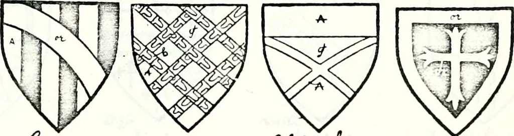 An illustration from Some feudal coats of arms and others, illustrated with 2,000 zinco etchings from the Bayear tapestry, Greek vases, seals, tiles, effigies, brasses and heralcic rolls. Some chart pedigrees, 1902, leaf 334