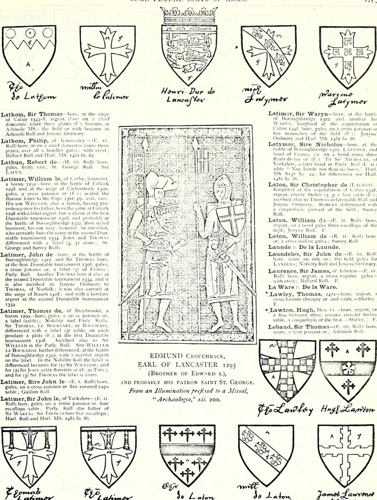 An illustration from Some feudal coats of arms and others, illustrated with 2,000 zinco etchings from the Bayear tapestry, Greek vases, seals, tiles, effigies, brasses and heralcic rolls. Some chart pedigrees, 1902, leaf 336