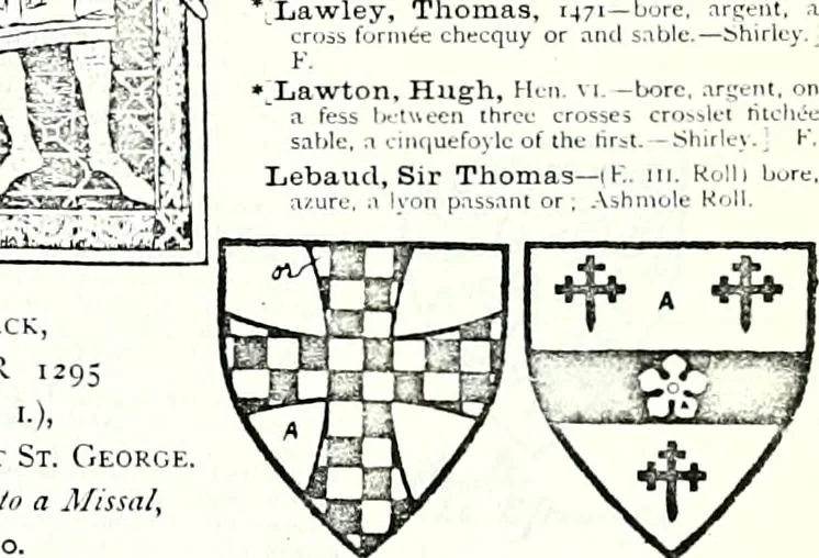 An illustration from Some feudal coats of arms and others, illustrated with 2,000 zinco etchings from the Bayear tapestry, Greek vases, seals, tiles, effigies, brasses and heralcic rolls. Some chart pedigrees, 1902, leaf 336