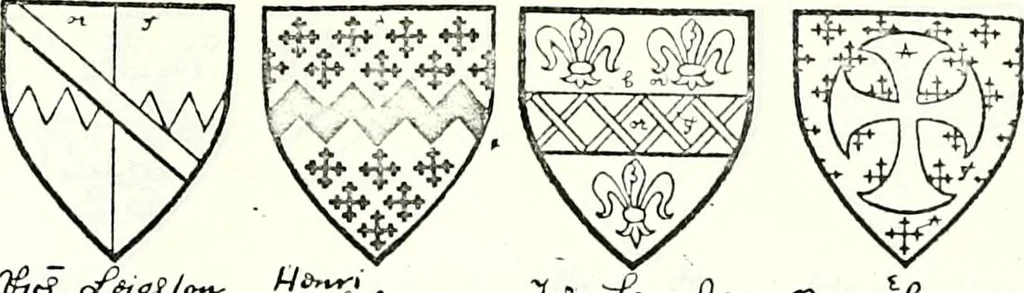 An illustration from Some feudal coats of arms and others, illustrated with 2,000 zinco etchings from the Bayear tapestry, Greek vases, seals, tiles, effigies, brasses and heralcic rolls. Some chart pedigrees, 1902, leaf 338