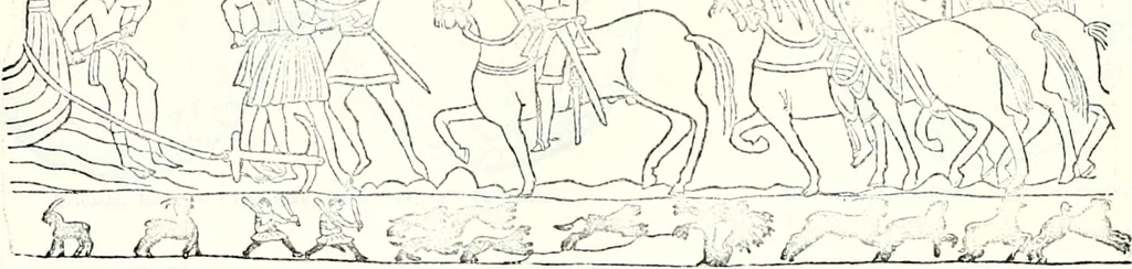 An illustration from Some feudal coats of arms and others, illustrated with 2,000 zinco etchings from the Bayear tapestry, Greek vases, seals, tiles, effigies, brasses and heralcic rolls. Some chart pedigrees, 1902, leaf 34