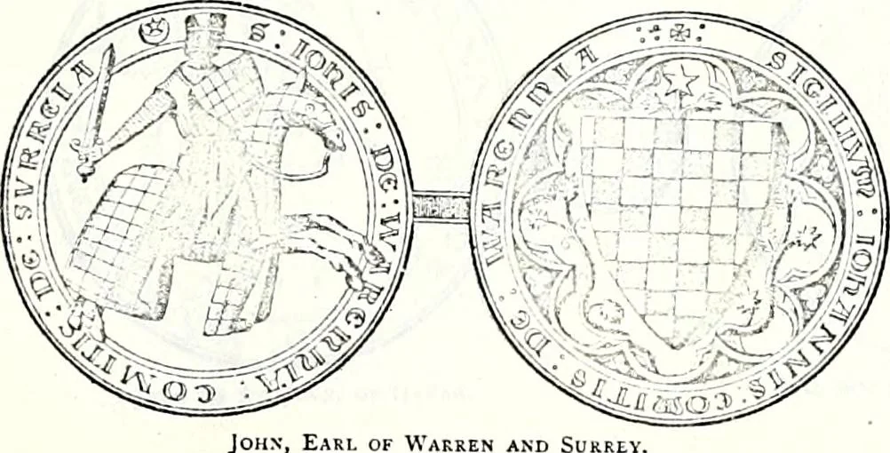 An illustration from Some feudal coats of arms and others, illustrated with 2,000 zinco etchings from the Bayear tapestry, Greek vases, seals, tiles, effigies, brasses and heralcic rolls. Some chart pedigrees, 1902, leaf 34