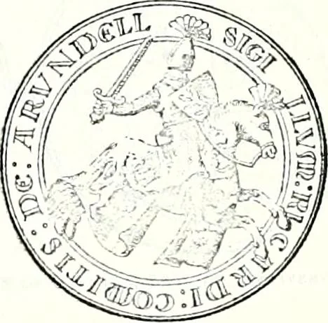 An illustration from Some feudal coats of arms and others, illustrated with 2,000 zinco etchings from the Bayear tapestry, Greek vases, seals, tiles, effigies, brasses and heralcic rolls. Some chart pedigrees, 1902, leaf 34