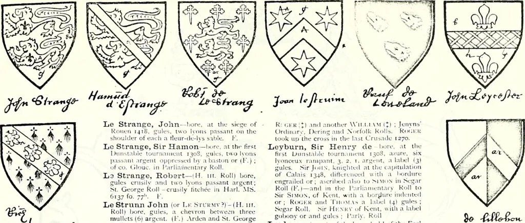An illustration from Some feudal coats of arms and others, illustrated with 2,000 zinco etchings from the Bayear tapestry, Greek vases, seals, tiles, effigies, brasses and heralcic rolls. Some chart pedigrees, 1902, leaf 340