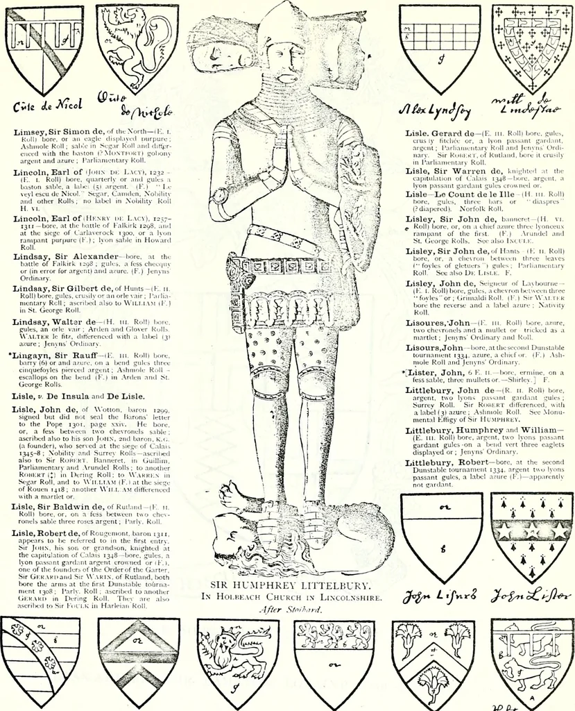 An illustration from Some feudal coats of arms and others, illustrated with 2,000 zinco etchings from the Bayear tapestry, Greek vases, seals, tiles, effigies, brasses and heralcic rolls. Some chart pedigrees, 1902, leaf 344