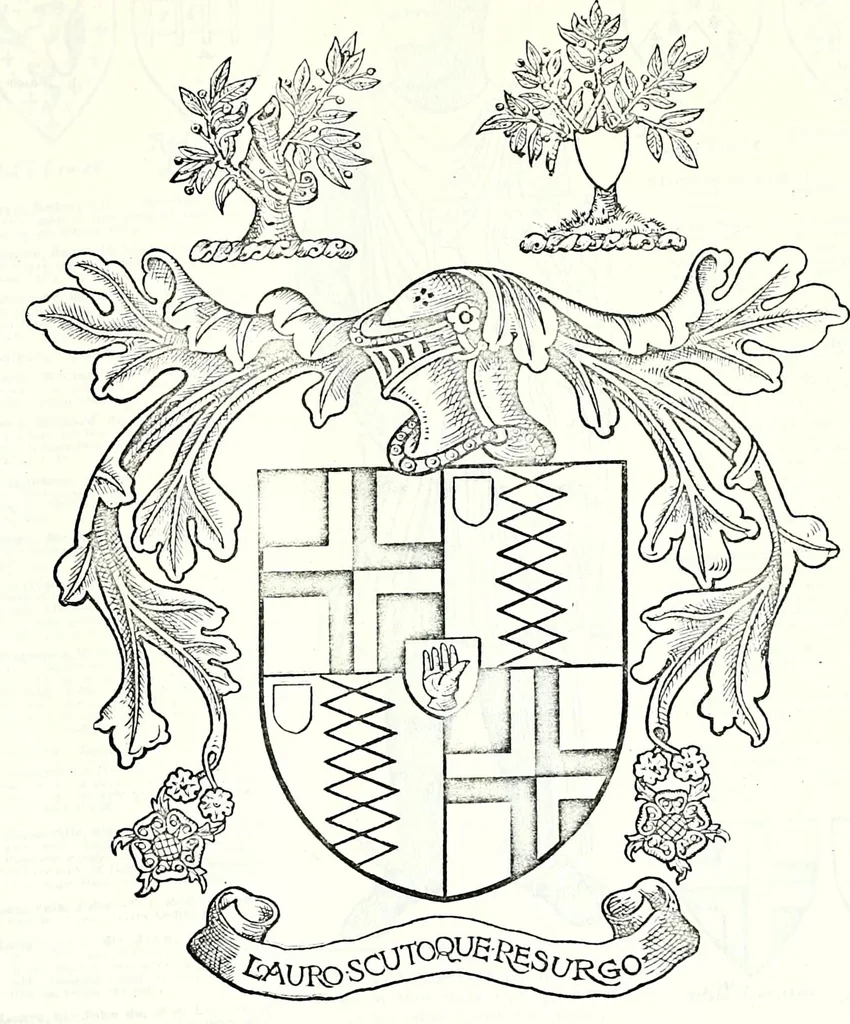 An illustration from Some feudal coats of arms and others, illustrated with 2,000 zinco etchings from the Bayear tapestry, Greek vases, seals, tiles, effigies, brasses and heralcic rolls. Some chart pedigrees, 1902, leaf 346