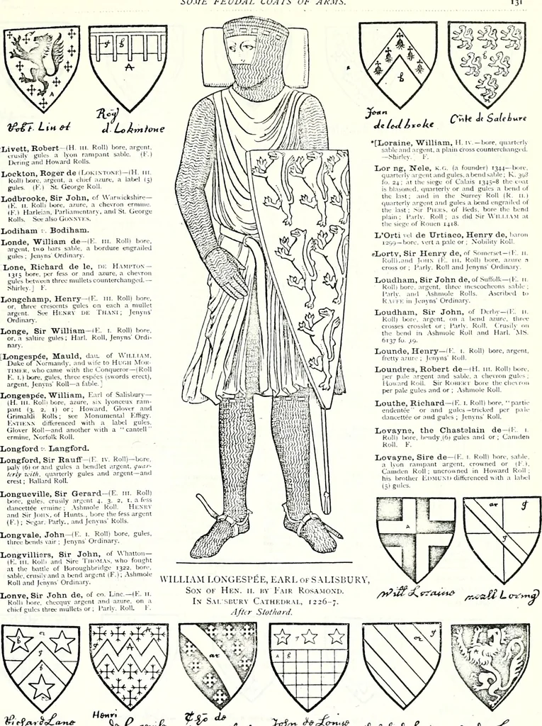 An illustration from Some feudal coats of arms and others, illustrated with 2,000 zinco etchings from the Bayear tapestry, Greek vases, seals, tiles, effigies, brasses and heralcic rolls. Some chart pedigrees, 1902, leaf 348