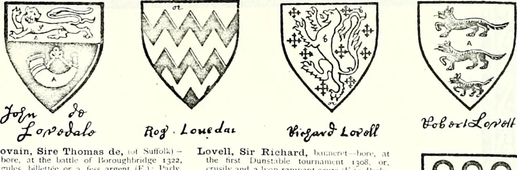 An illustration from Some feudal coats of arms and others, illustrated with 2,000 zinco etchings from the Bayear tapestry, Greek vases, seals, tiles, effigies, brasses and heralcic rolls. Some chart pedigrees, 1902, leaf 350
