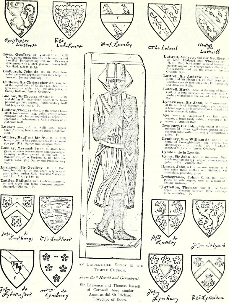 An illustration from Some feudal coats of arms and others, illustrated with 2,000 zinco etchings from the Bayear tapestry, Greek vases, seals, tiles, effigies, brasses and heralcic rolls. Some chart pedigrees, 1902, leaf 354