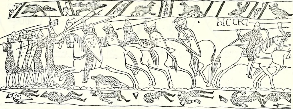 An illustration from Some feudal coats of arms and others, illustrated with 2,000 zinco etchings from the Bayear tapestry, Greek vases, seals, tiles, effigies, brasses and heralcic rolls. Some chart pedigrees, 1902, leaf 356