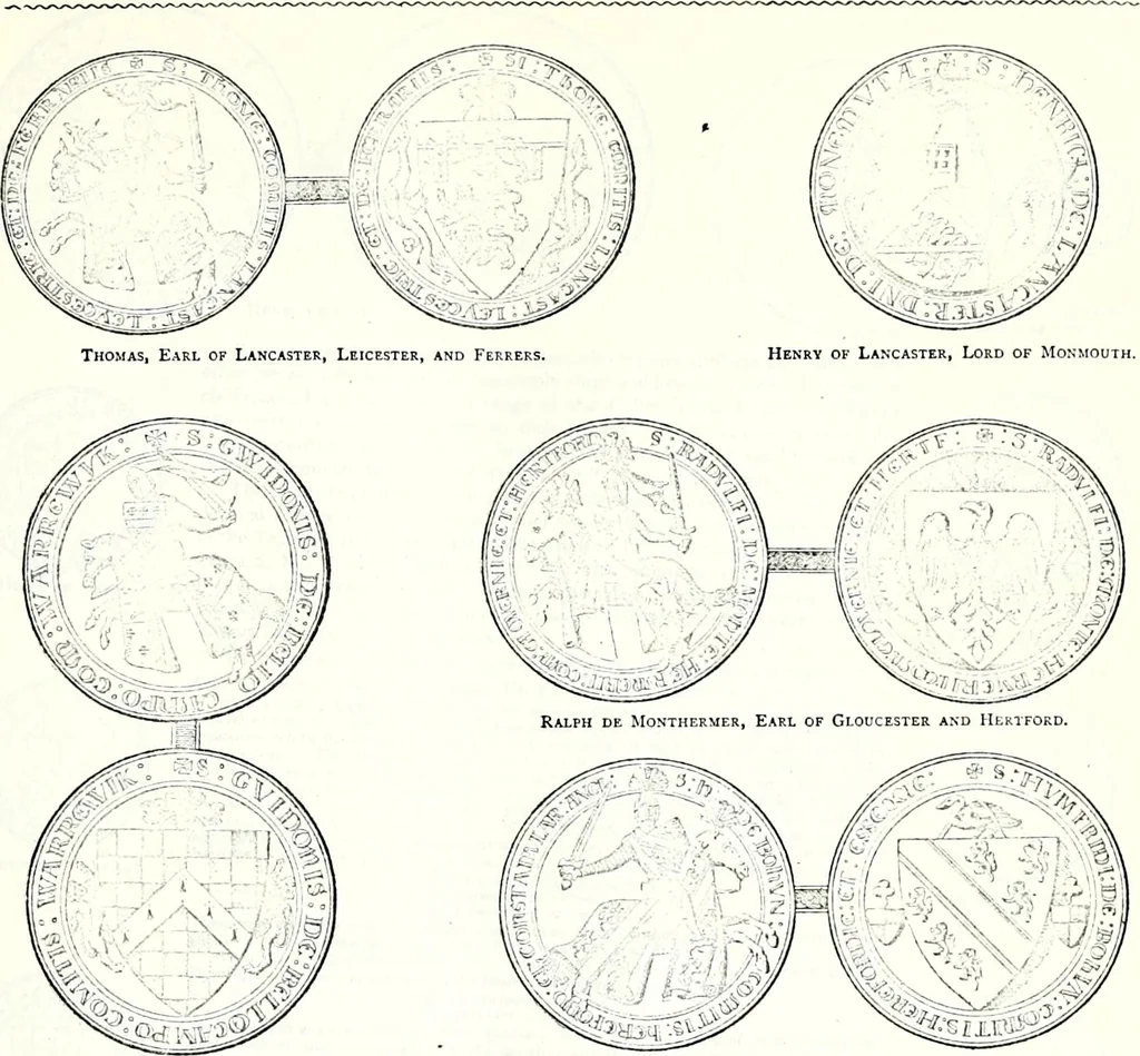 An illustration from Some feudal coats of arms and others, illustrated with 2,000 zinco etchings from the Bayear tapestry, Greek vases, seals, tiles, effigies, brasses and heralcic rolls. Some chart pedigrees, 1902, leaf 36