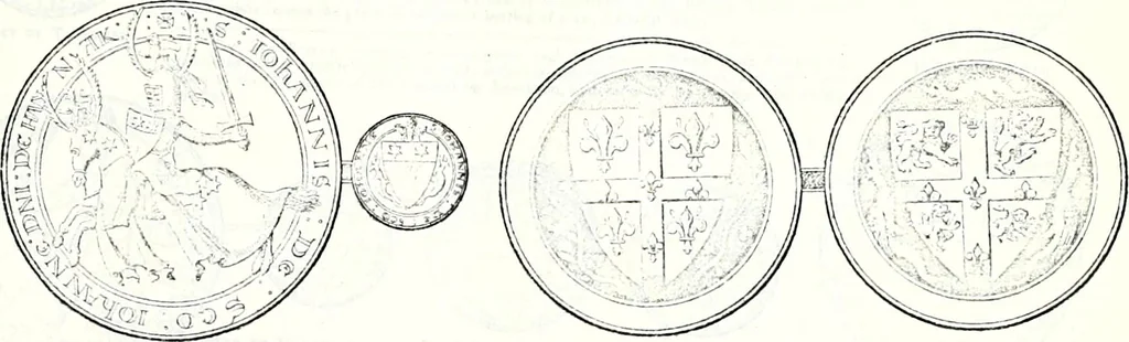 An illustration from Some feudal coats of arms and others, illustrated with 2,000 zinco etchings from the Bayear tapestry, Greek vases, seals, tiles, effigies, brasses and heralcic rolls. Some chart pedigrees, 1902, leaf 36