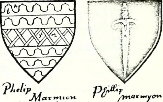 An illustration from Some feudal coats of arms and others, illustrated with 2,000 zinco etchings from the Bayear tapestry, Greek vases, seals, tiles, effigies, brasses and heralcic rolls. Some chart pedigrees, 1902, leaf 360