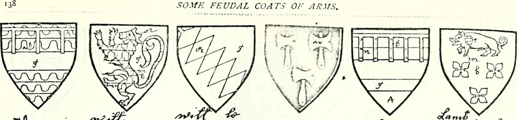 An illustration from Some feudal coats of arms and others, illustrated with 2,000 zinco etchings from the Bayear tapestry, Greek vases, seals, tiles, effigies, brasses and heralcic rolls. Some chart pedigrees, 1902, leaf 362