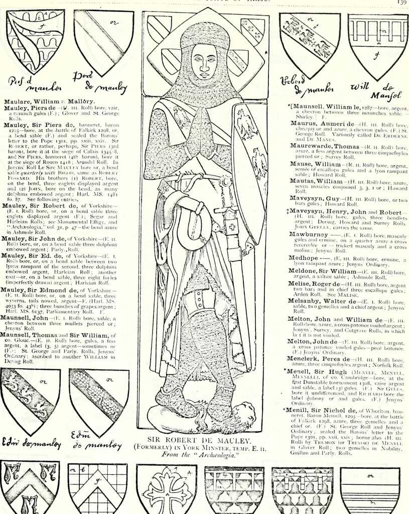 An illustration from Some feudal coats of arms and others, illustrated with 2,000 zinco etchings from the Bayear tapestry, Greek vases, seals, tiles, effigies, brasses and heralcic rolls. Some chart pedigrees, 1902, leaf 364
