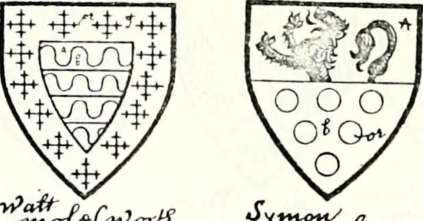 An illustration from Some feudal coats of arms and others, illustrated with 2,000 zinco etchings from the Bayear tapestry, Greek vases, seals, tiles, effigies, brasses and heralcic rolls. Some chart pedigrees, 1902, leaf 368