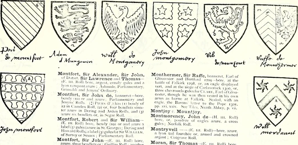 An illustration from Some feudal coats of arms and others, illustrated with 2,000 zinco etchings from the Bayear tapestry, Greek vases, seals, tiles, effigies, brasses and heralcic rolls. Some chart pedigrees, 1902, leaf 370