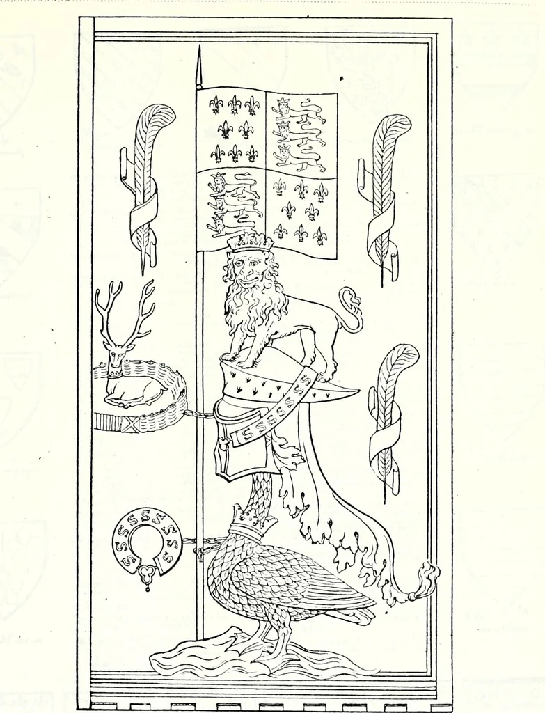 An illustration from Some feudal coats of arms and others, illustrated with 2,000 zinco etchings from the Bayear tapestry, Greek vases, seals, tiles, effigies, brasses and heralcic rolls. Some chart pedigrees, 1902, leaf 374