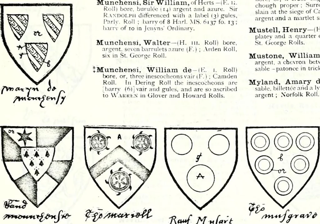 An illustration from Some feudal coats of arms and others, illustrated with 2,000 zinco etchings from the Bayear tapestry, Greek vases, seals, tiles, effigies, brasses and heralcic rolls. Some chart pedigrees, 1902, leaf 378