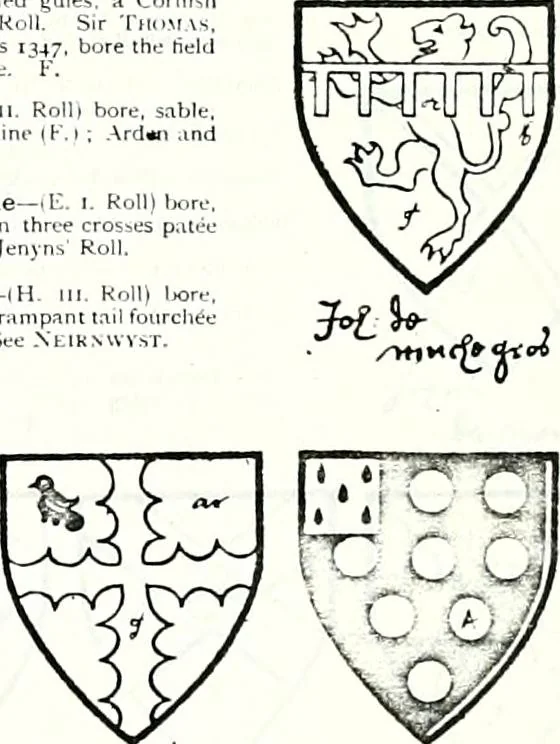 An illustration from Some feudal coats of arms and others, illustrated with 2,000 zinco etchings from the Bayear tapestry, Greek vases, seals, tiles, effigies, brasses and heralcic rolls. Some chart pedigrees, 1902, leaf 378