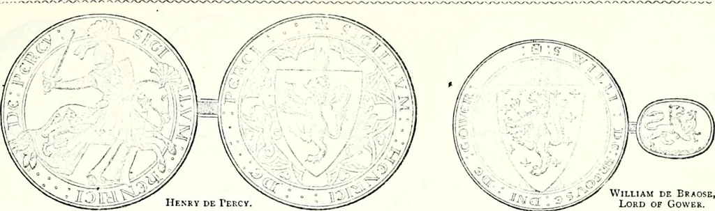 An illustration from Some feudal coats of arms and others, illustrated with 2,000 zinco etchings from the Bayear tapestry, Greek vases, seals, tiles, effigies, brasses and heralcic rolls. Some chart pedigrees, 1902, leaf 38
