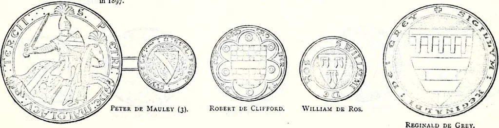 An illustration from Some feudal coats of arms and others, illustrated with 2,000 zinco etchings from the Bayear tapestry, Greek vases, seals, tiles, effigies, brasses and heralcic rolls. Some chart pedigrees, 1902, leaf 38