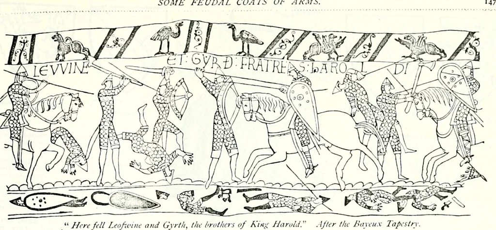 An illustration from Some feudal coats of arms and others, illustrated with 2,000 zinco etchings from the Bayear tapestry, Greek vases, seals, tiles, effigies, brasses and heralcic rolls. Some chart pedigrees, 1902, leaf 380