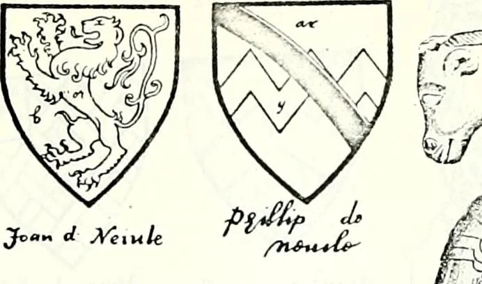 An illustration from Some feudal coats of arms and others, illustrated with 2,000 zinco etchings from the Bayear tapestry, Greek vases, seals, tiles, effigies, brasses and heralcic rolls. Some chart pedigrees, 1902, leaf 382