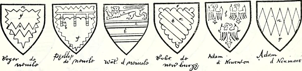An illustration from Some feudal coats of arms and others, illustrated with 2,000 zinco etchings from the Bayear tapestry, Greek vases, seals, tiles, effigies, brasses and heralcic rolls. Some chart pedigrees, 1902, leaf 382