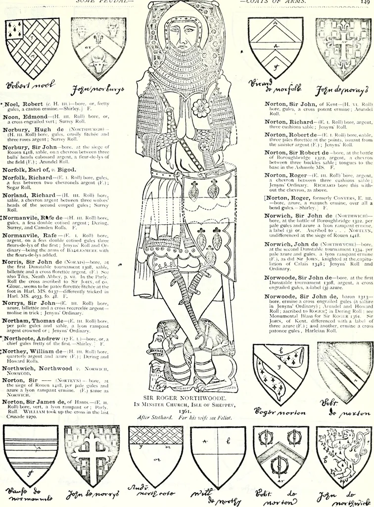 An illustration from Some feudal coats of arms and others, illustrated with 2,000 zinco etchings from the Bayear tapestry, Greek vases, seals, tiles, effigies, brasses and heralcic rolls. Some chart pedigrees, 1902, leaf 384