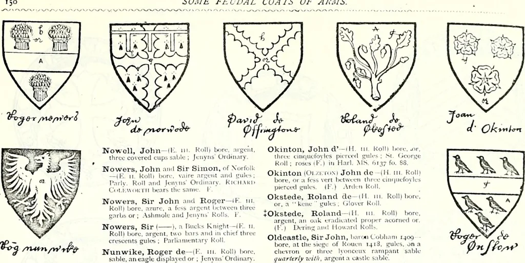 An illustration from Some feudal coats of arms and others, illustrated with 2,000 zinco etchings from the Bayear tapestry, Greek vases, seals, tiles, effigies, brasses and heralcic rolls. Some chart pedigrees, 1902, leaf 386