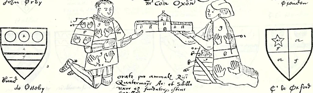 An illustration from Some feudal coats of arms and others, illustrated with 2,000 zinco etchings from the Bayear tapestry, Greek vases, seals, tiles, effigies, brasses and heralcic rolls. Some chart pedigrees, 1902, leaf 390