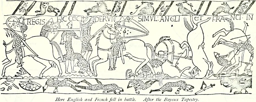 An illustration from Some feudal coats of arms and others, illustrated with 2,000 zinco etchings from the Bayear tapestry, Greek vases, seals, tiles, effigies, brasses and heralcic rolls. Some chart pedigrees, 1902, leaf 392