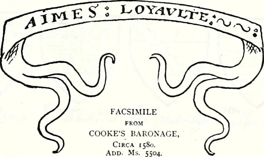 An illustration from Some feudal coats of arms and others, illustrated with 2,000 zinco etchings from the Bayear tapestry, Greek vases, seals, tiles, effigies, brasses and heralcic rolls. Some chart pedigrees, 1902, leaf 396