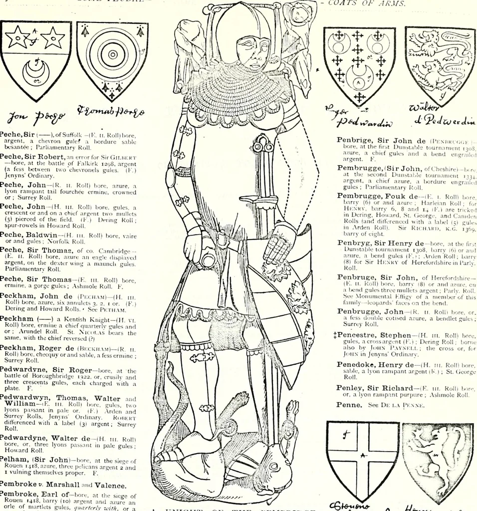 An illustration from Some feudal coats of arms and others, illustrated with 2,000 zinco etchings from the Bayear tapestry, Greek vases, seals, tiles, effigies, brasses and heralcic rolls. Some chart pedigrees, 1902, leaf 398