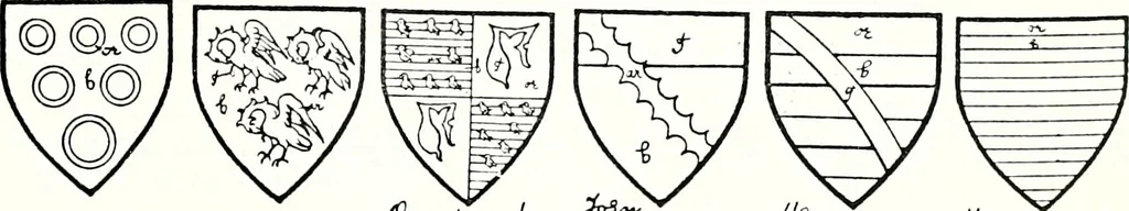 An illustration from Some feudal coats of arms and others, illustrated with 2,000 zinco etchings from the Bayear tapestry, Greek vases, seals, tiles, effigies, brasses and heralcic rolls. Some chart pedigrees, 1902, leaf 398