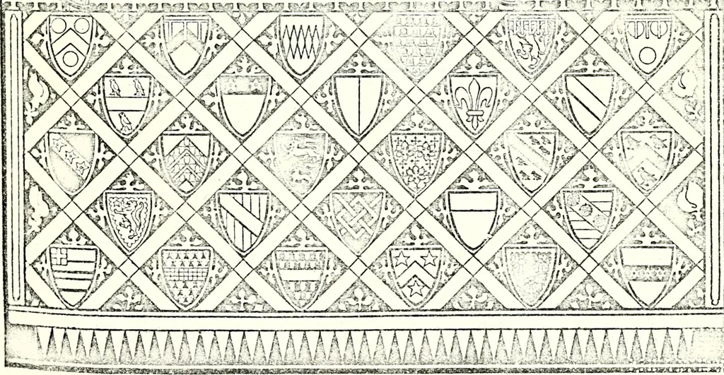 An illustration from Some feudal coats of arms and others, illustrated with 2,000 zinco etchings from the Bayear tapestry, Greek vases, seals, tiles, effigies, brasses and heralcic rolls. Some chart pedigrees, 1902, leaf 4