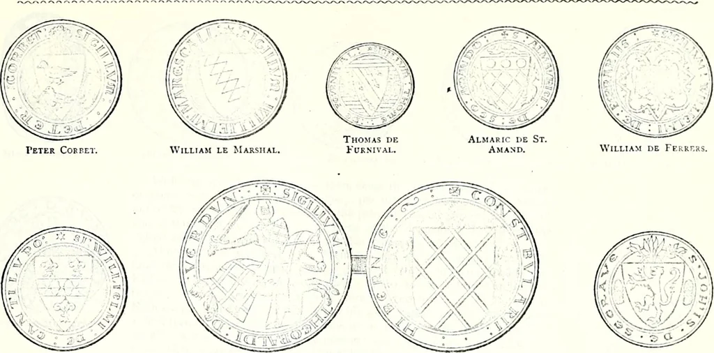 An illustration from Some feudal coats of arms and others, illustrated with 2,000 zinco etchings from the Bayear tapestry, Greek vases, seals, tiles, effigies, brasses and heralcic rolls. Some chart pedigrees, 1902, leaf 40