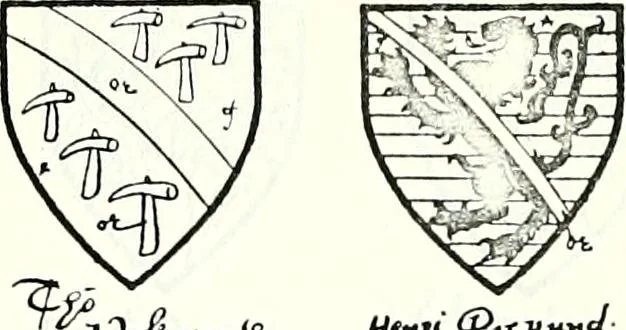 An illustration from Some feudal coats of arms and others, illustrated with 2,000 zinco etchings from the Bayear tapestry, Greek vases, seals, tiles, effigies, brasses and heralcic rolls. Some chart pedigrees, 1902, leaf 408