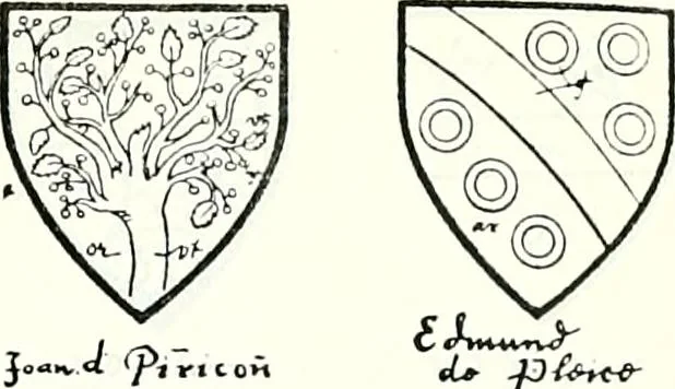 An illustration from Some feudal coats of arms and others, illustrated with 2,000 zinco etchings from the Bayear tapestry, Greek vases, seals, tiles, effigies, brasses and heralcic rolls. Some chart pedigrees, 1902, leaf 410