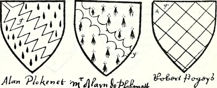 An illustration from Some feudal coats of arms and others, illustrated with 2,000 zinco etchings from the Bayear tapestry, Greek vases, seals, tiles, effigies, brasses and heralcic rolls. Some chart pedigrees, 1902, leaf 410
