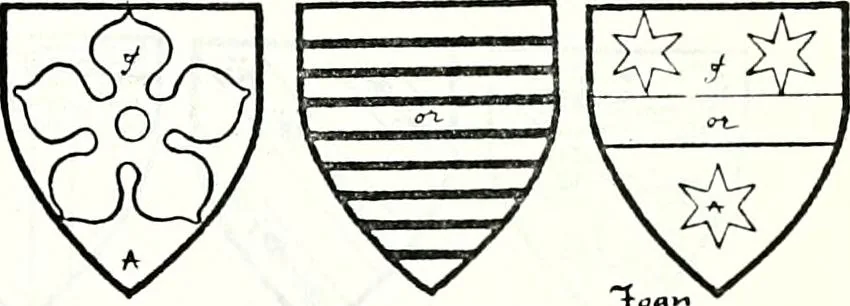 An illustration from Some feudal coats of arms and others, illustrated with 2,000 zinco etchings from the Bayear tapestry, Greek vases, seals, tiles, effigies, brasses and heralcic rolls. Some chart pedigrees, 1902, leaf 412