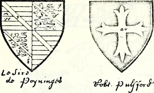 An illustration from Some feudal coats of arms and others, illustrated with 2,000 zinco etchings from the Bayear tapestry, Greek vases, seals, tiles, effigies, brasses and heralcic rolls. Some chart pedigrees, 1902, leaf 414