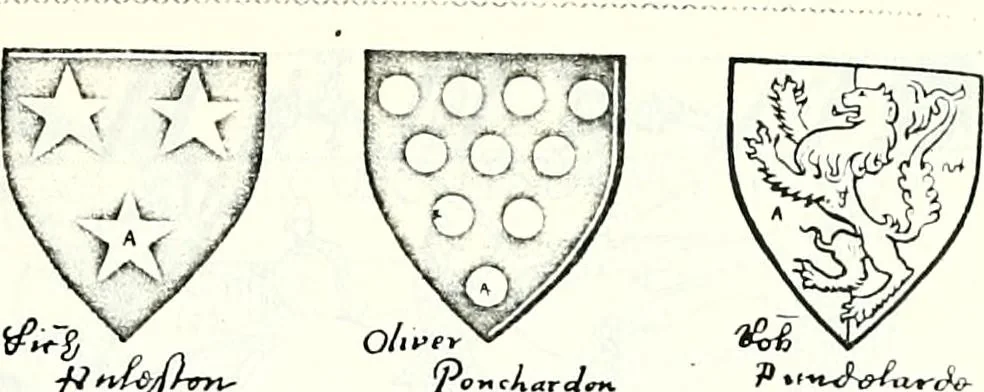 An illustration from Some feudal coats of arms and others, illustrated with 2,000 zinco etchings from the Bayear tapestry, Greek vases, seals, tiles, effigies, brasses and heralcic rolls. Some chart pedigrees, 1902, leaf 414