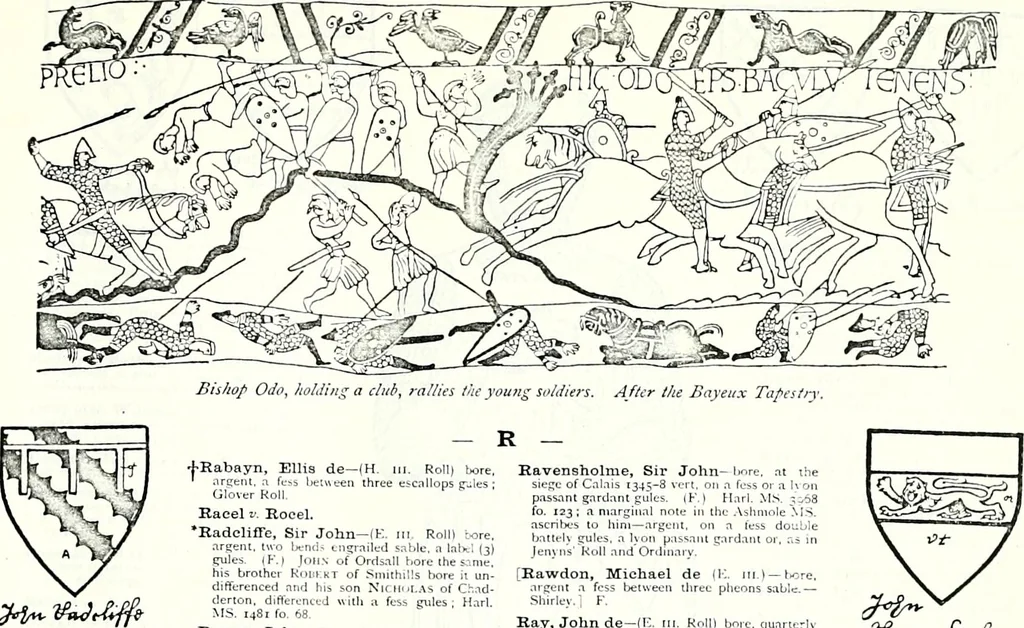 An illustration from Some feudal coats of arms and others, illustrated with 2,000 zinco etchings from the Bayear tapestry, Greek vases, seals, tiles, effigies, brasses and heralcic rolls. Some chart pedigrees, 1902, leaf 416