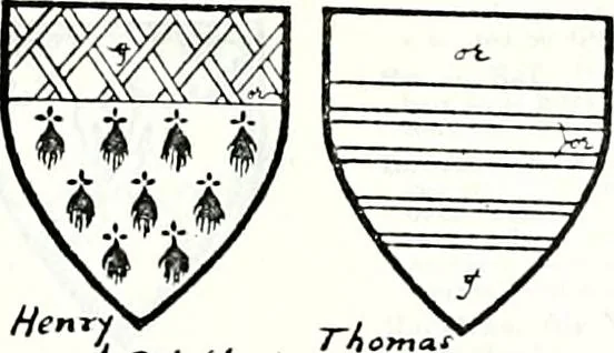 An illustration from Some feudal coats of arms and others, illustrated with 2,000 zinco etchings from the Bayear tapestry, Greek vases, seals, tiles, effigies, brasses and heralcic rolls. Some chart pedigrees, 1902, leaf 418