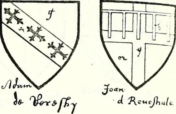 An illustration from Some feudal coats of arms and others, illustrated with 2,000 zinco etchings from the Bayear tapestry, Greek vases, seals, tiles, effigies, brasses and heralcic rolls. Some chart pedigrees, 1902, leaf 418