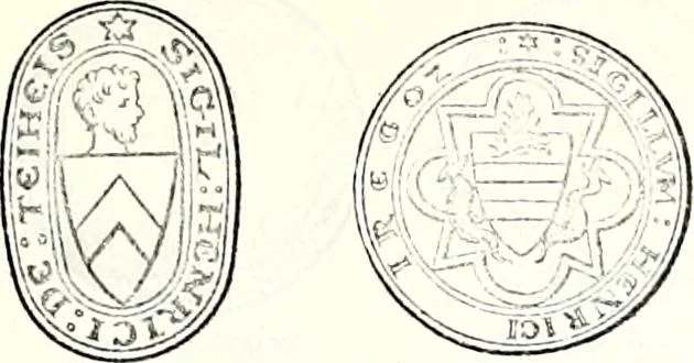 An illustration from Some feudal coats of arms and others, illustrated with 2,000 zinco etchings from the Bayear tapestry, Greek vases, seals, tiles, effigies, brasses and heralcic rolls. Some chart pedigrees, 1902, leaf 42