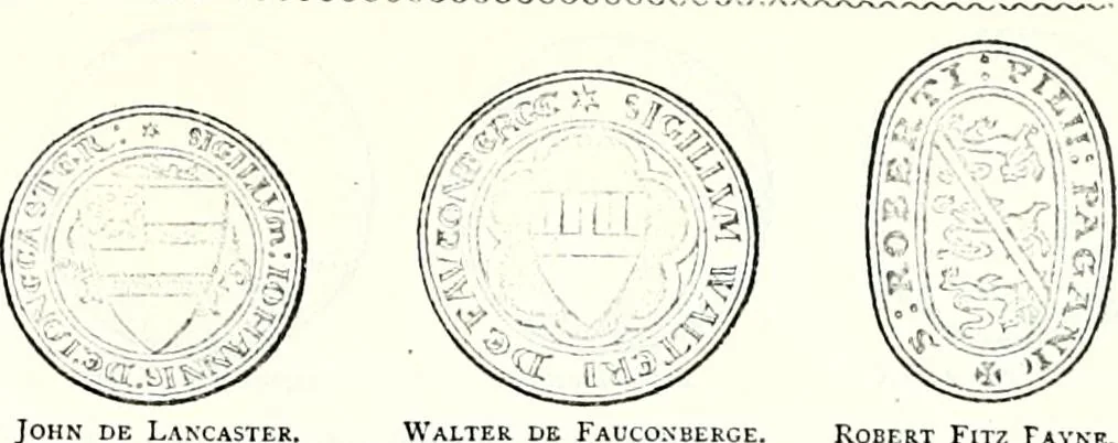 An illustration from Some feudal coats of arms and others, illustrated with 2,000 zinco etchings from the Bayear tapestry, Greek vases, seals, tiles, effigies, brasses and heralcic rolls. Some chart pedigrees, 1902, leaf 42